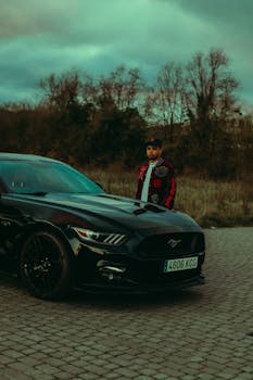 A fashionable man stands by a sleek black sports car on a cobblestone pavement during evening hours.