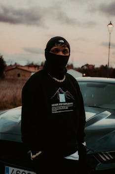 A man in casual fashion poses by a sports car during twilight.