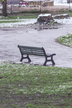 Lonely park bench on a rainy day, surrounded by wet grass patches in an urban park.