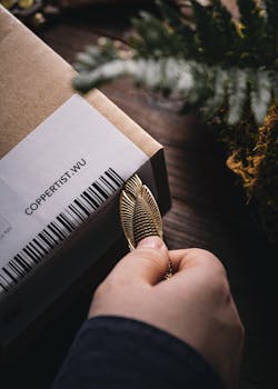A person uses a golden tool to open a cardboard box labeled COPPERTIST.WU.