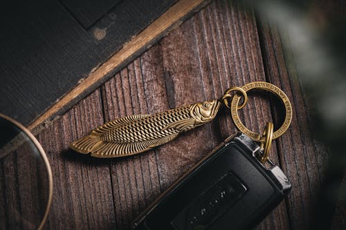 Brass Fish-shaped Keychain with Key Fob