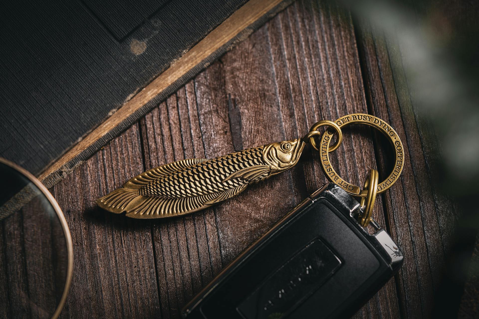 Brass Fish-shaped Keychain with Key Fob