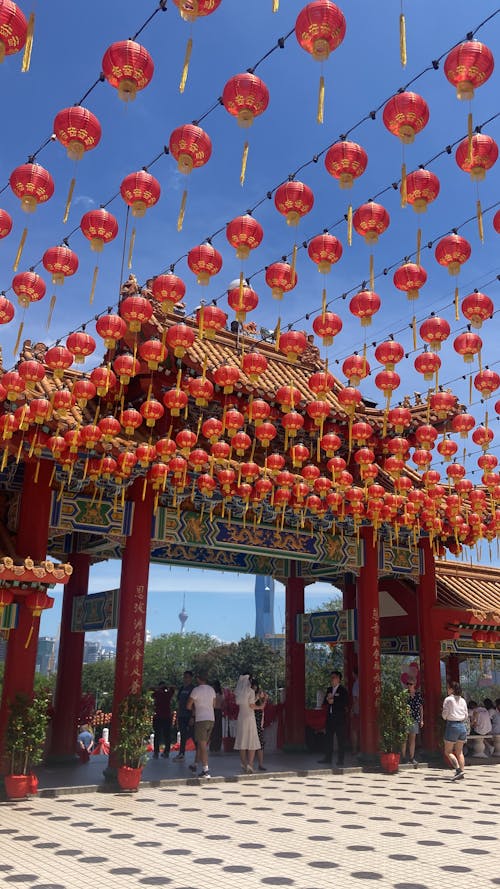 Traditional Lanterns Hanging near Temple Entrance