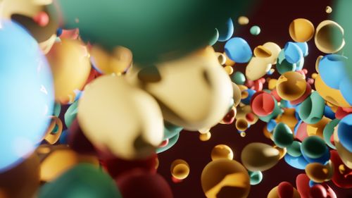 Free Vibrant 3D illustration of colorful spheres floating in motion. Stock Photo