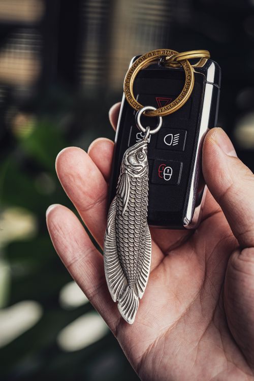 Free Close-up of a hand holding a key fob attached to an arowana fish pendant keychain. Stock Photo