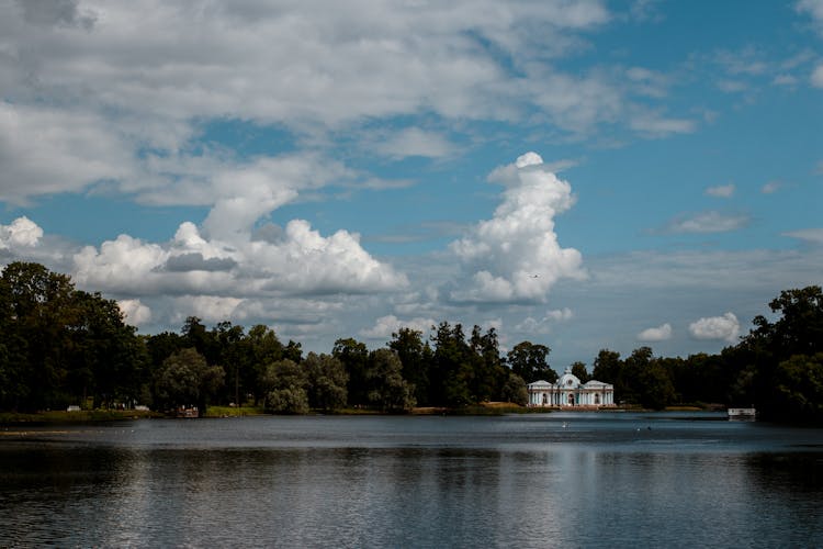 Grotto Pavilion Seen From Across The Lake In Catherine Park, Pushkin, Saint Petersburg, Russia