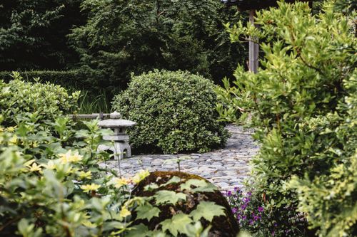Free Tranquil scene of a Japanese garden featuring lush greenery and a stone lantern. Stock Photo