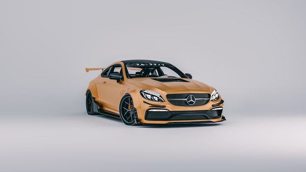 3D render of a Mercedes-Benz in gold on a white backdrop, showcasing luxury design.