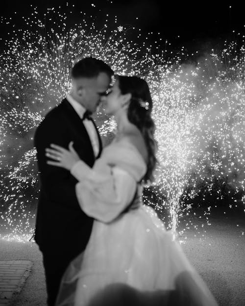 Newlyweds Hugging in Black and White