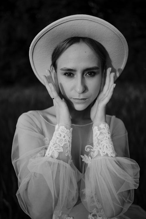 Black and White Portrait of Woman in Hat
