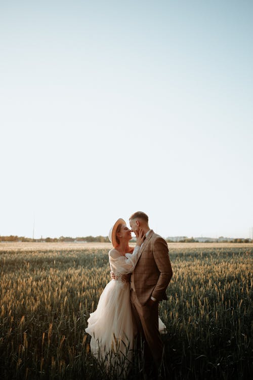 Sunlight over Hugging Newlyweds on Field