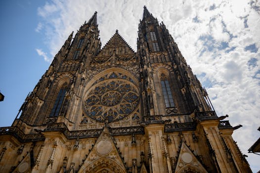 Front view of the gothic architecture of St. Vitus Cathedral in Prague.