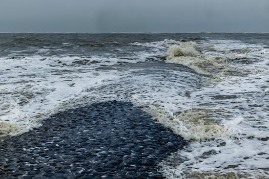 Dynamic view of waves crashing on Baltrum's rocky coast under an overcast sky.