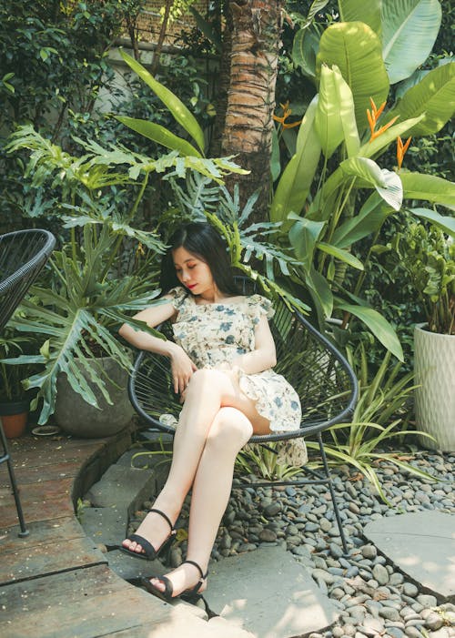 Woman Sitting on Black Chair Near Plants and Tree