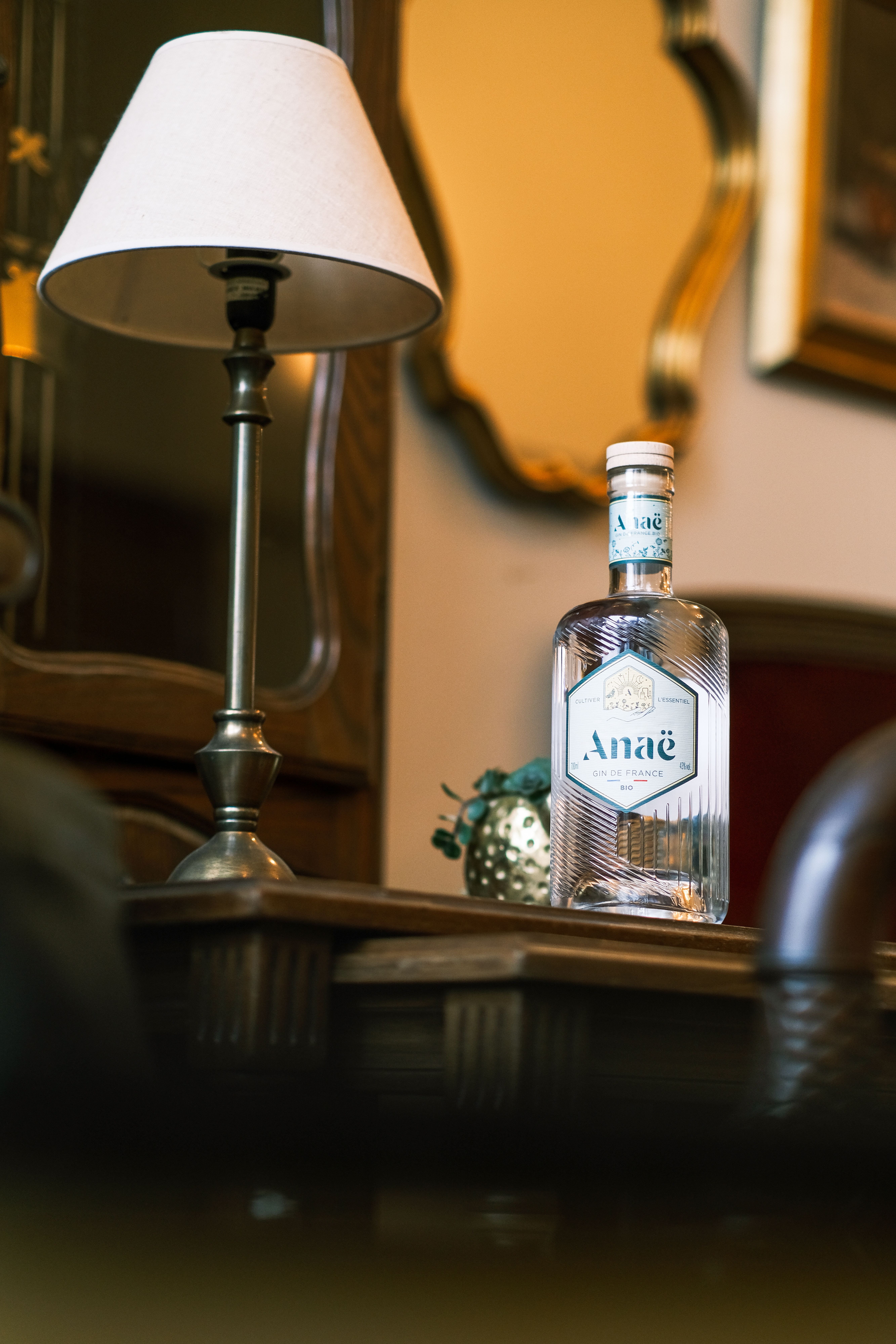 A stylish gin bottle elegantly placed beside a classic lamp on a wooden table in a cozy indoor setting.