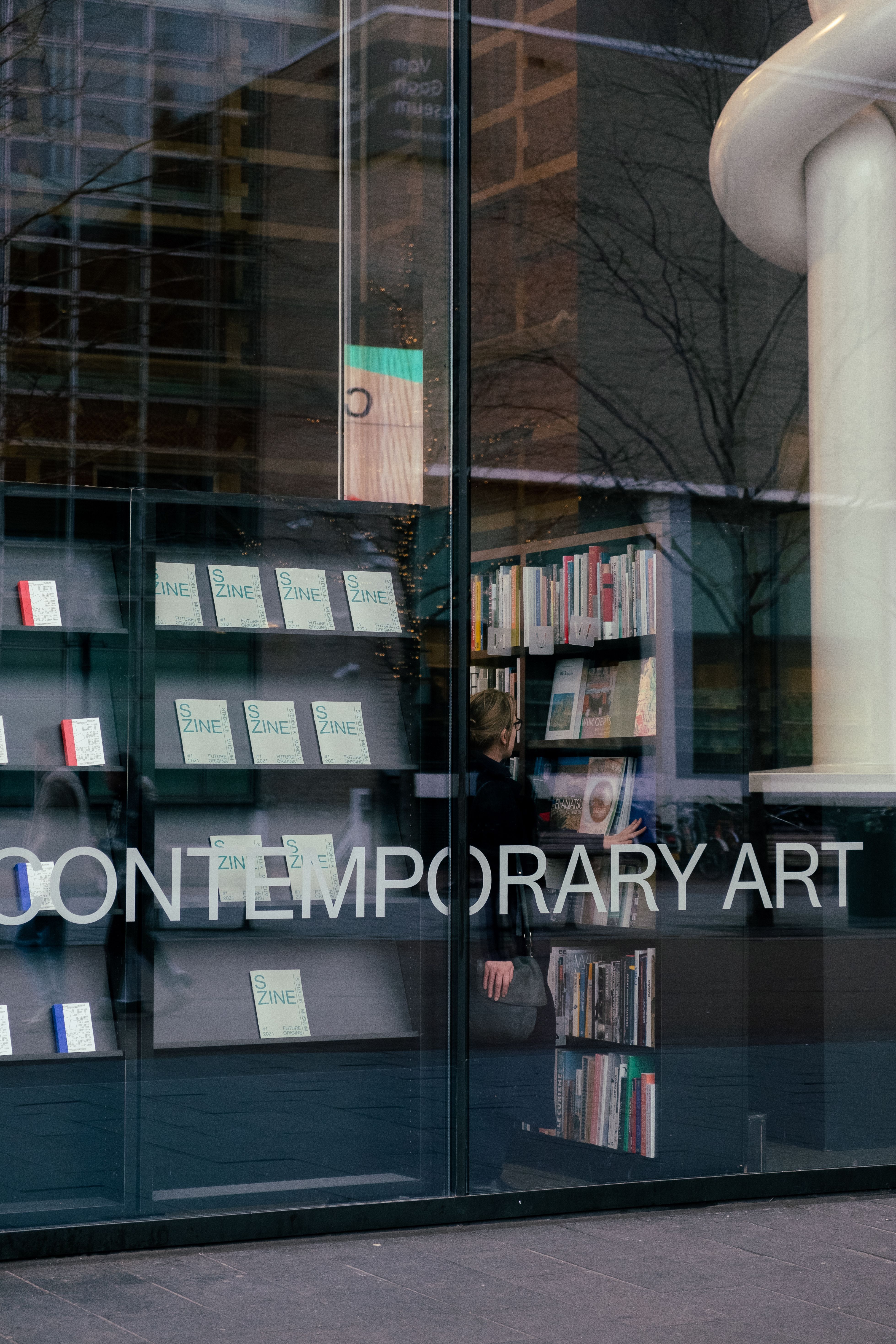 Woman near Shelves with Books behind Windows · Free Stock Photo