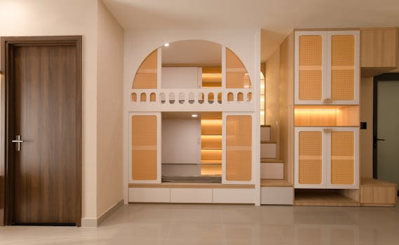 Stylish minimalist interior with integrated storage solutions and warm lighting.