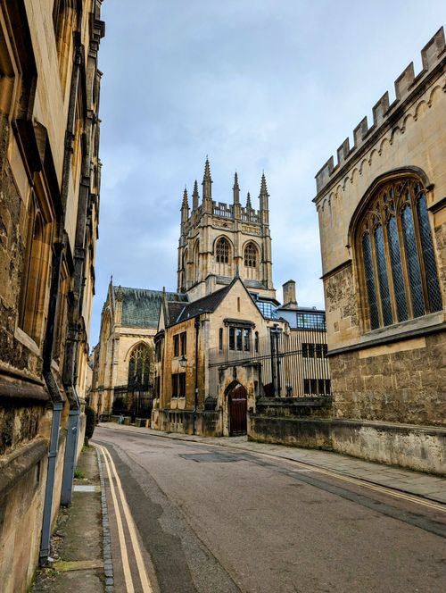 Free Street view of the historic Merton College in Oxford with its iconic architecture. Stock Photo