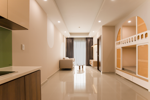 A beautifully designed modern minimalist apartment interior with stylish furniture and elegant decor.