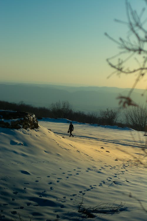 Person Walking through Snow Covered Trail in Mountains