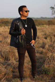 Fashionable man wearing a leather jacket and sunglasses, standing confidently in an open field.