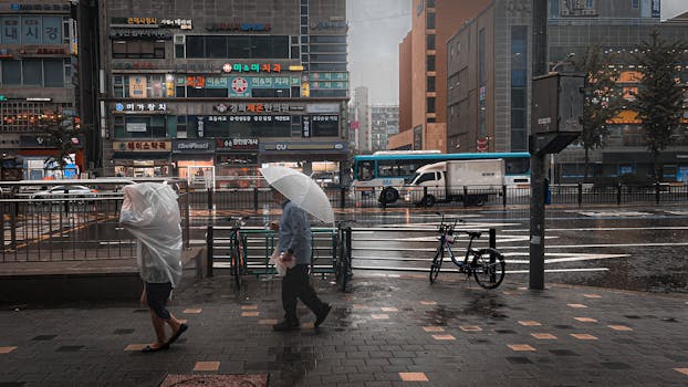 Pedestrians with umbrellas walking in rainy Seoul street, showcasing urban life.