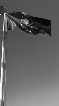 A striking black and white photo of the European Union flag waving against a clear sky.