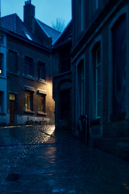 Discover the enchanting cobblestone streets of old Mons, Belgium, beautifully lit at dusk.