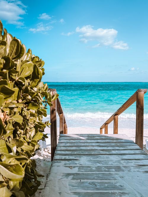Free Wooden path through lush greenery leading to a pristine turquoise beach under a bright blue sky. Stock Photo