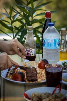 Close-up of a person enjoying kebab with vegetables outdoors in Adana, Türkiye.
