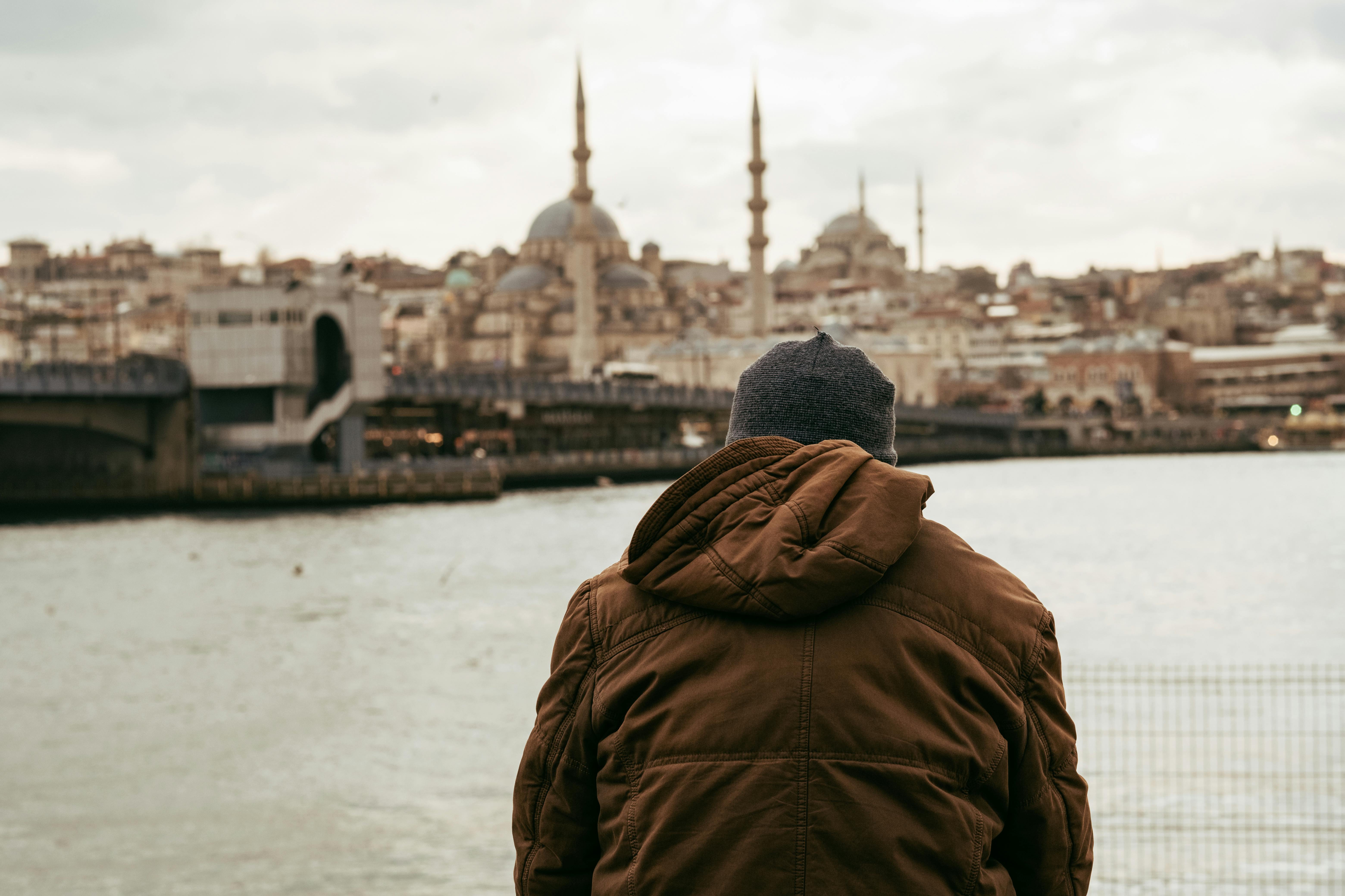 Guy Looks Skyscrapers Istanbul Boy Background Stock Photo