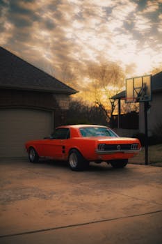 A classic red muscle car parked in a suburban driveway at sunset, with a basketball hoop in view.