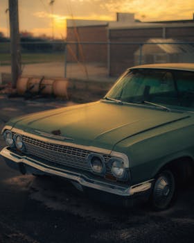 A sepia-toned image of a Chevrolet classic car parked outdoors at sunrise, evoking nostalgia.