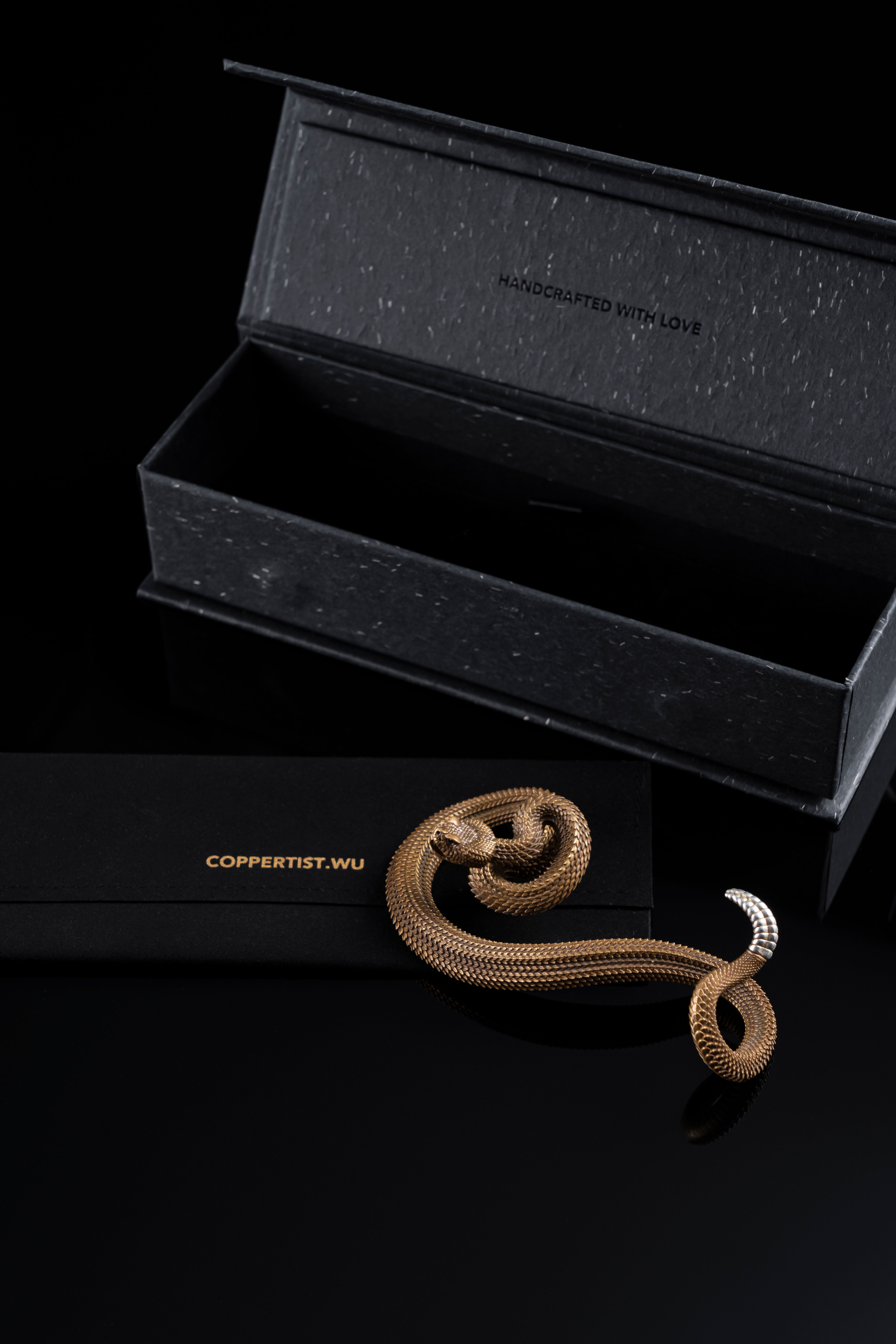 Elegant golden snake jewelry piece displayed with a luxurious black box on a dark background.