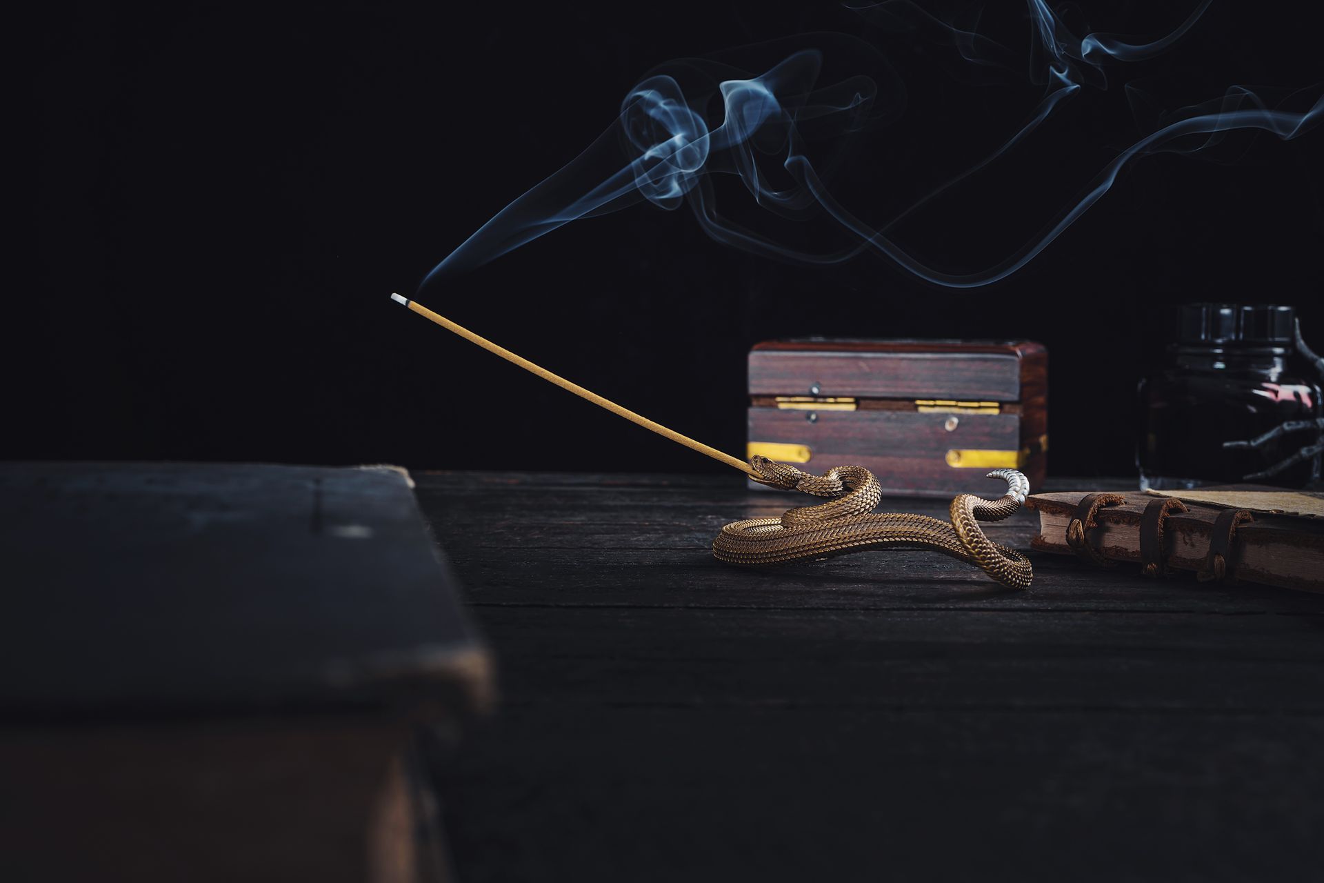 A snake-shaped incense holder with burning incense stick and smoke against a dark background.