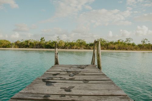 Free A peaceful wooden pier stretches over a clear, serene lake, framed by lush greenery and a bright sky. Stock Photo