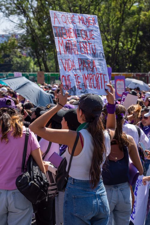 Free Women protesting for equality in Mexico City streets with banners and unity. Stock Photo