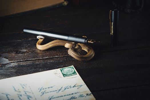 A stylish black fountain pen elegantly perched on a snake-shaped pen holder with vintage postcards on a wooden desk.