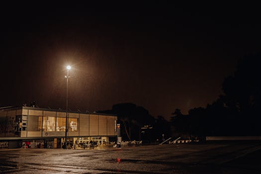 夜晚的城市景象，以现代建筑和路灯下潮湿的街道为特色