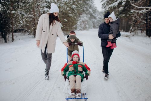 Free Happy family sledding through a snowy forest, enjoying a joyful winter day together. Stock Photo