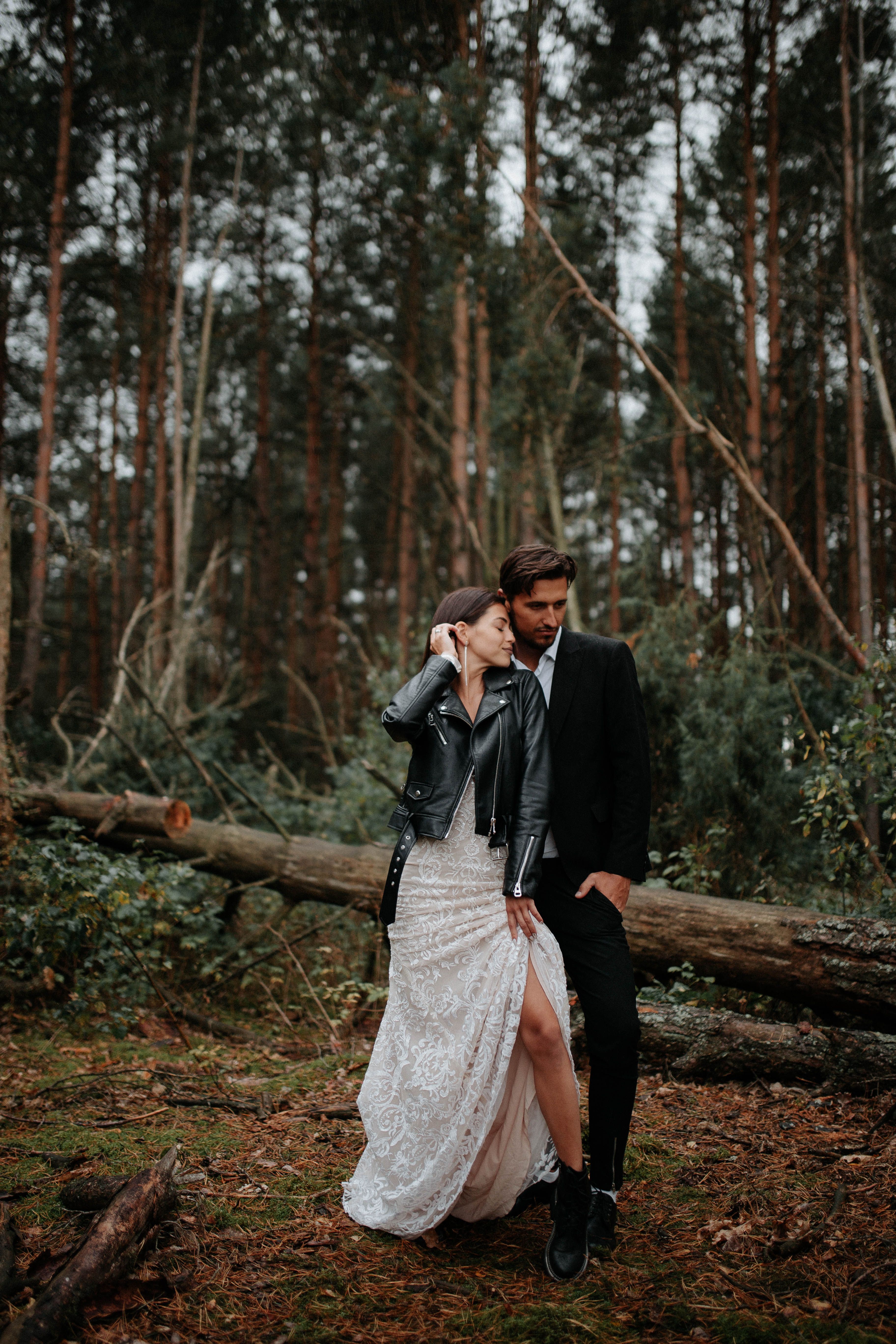 Rose lace midi dress with black leather jacket