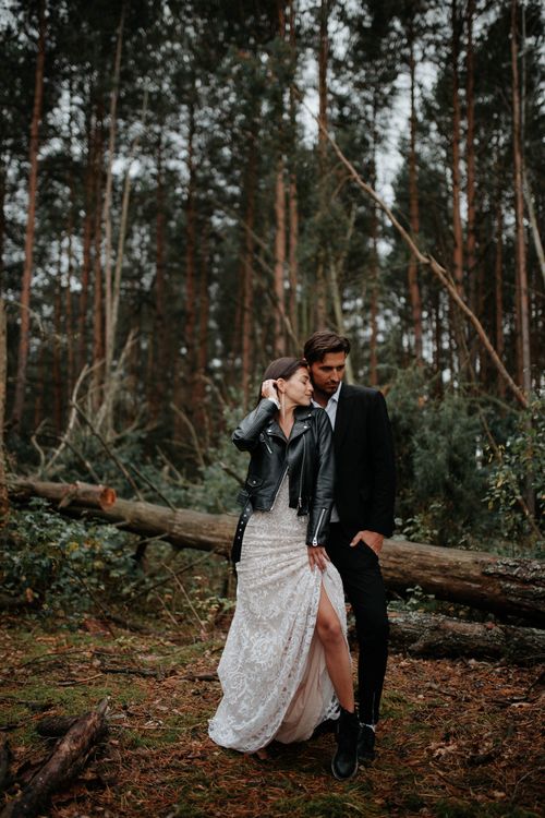 Rose lace midi dress with black leather jacket