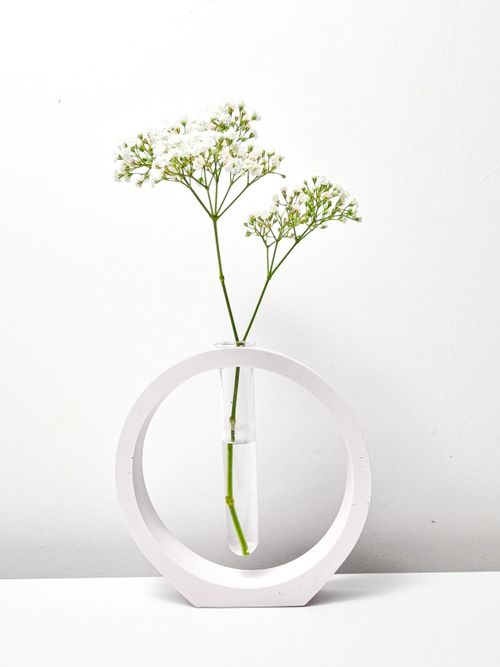 Free Minimalist decor with white wildflowers in a circular vase, embodying modern aesthetics. Stock Photo