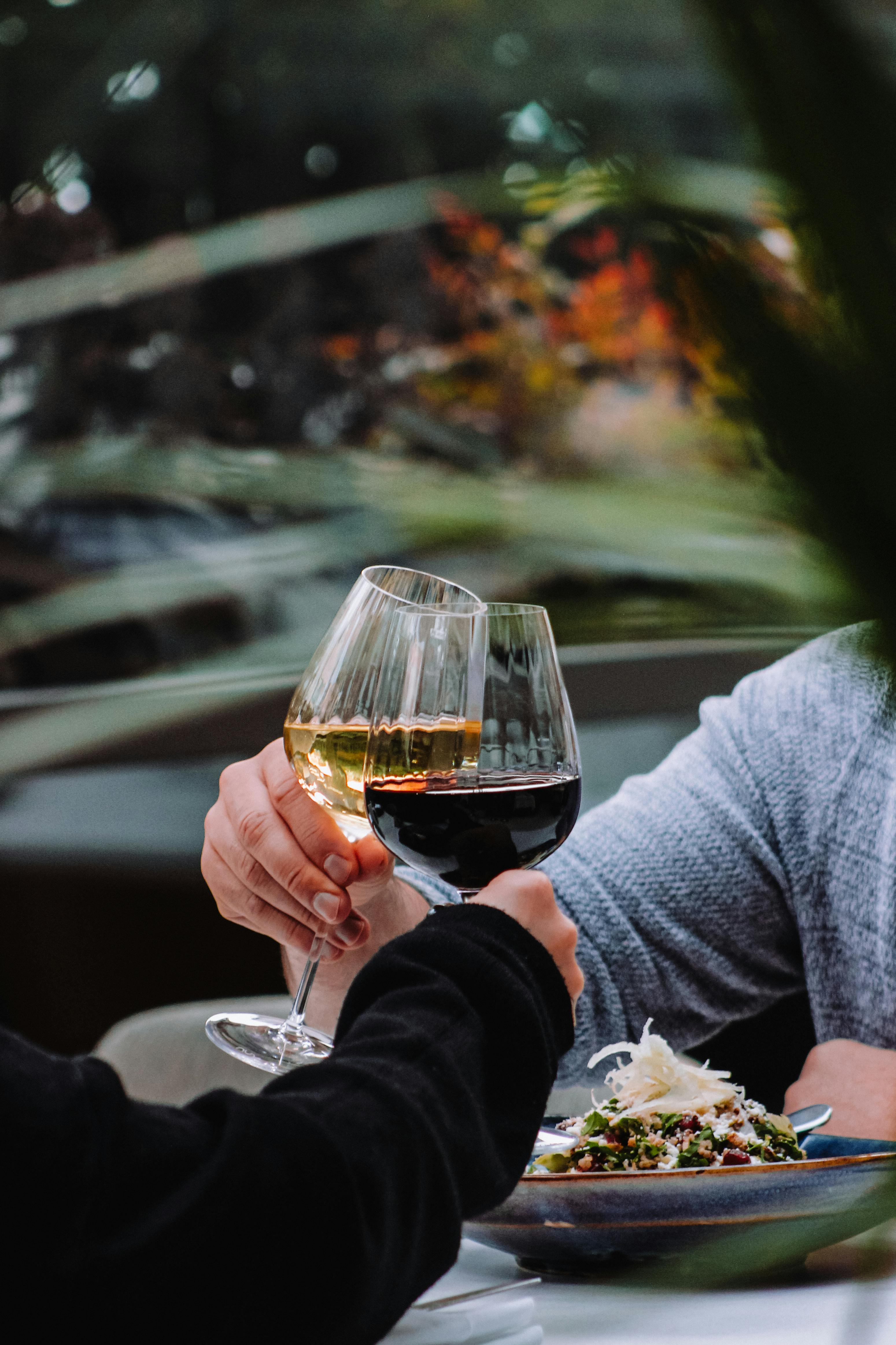 Two people toasting with red and white wine glasses over a cozy meal.