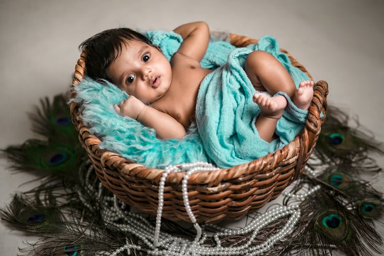 Cute Newborn Baby Lying In Basket