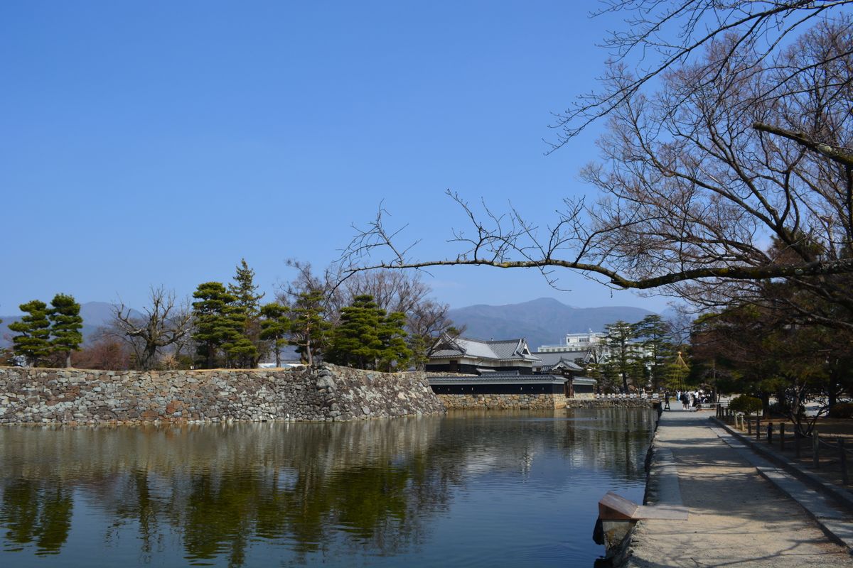Castle stone walls and moat in Japan