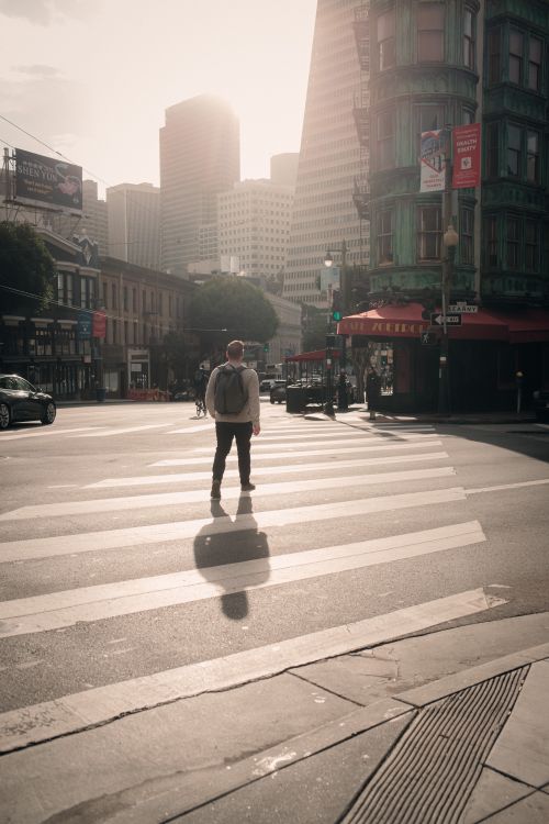 Free A man crosses a downtown street under the bright sun in an urban environment. Stock Photo