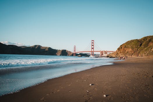 Scenic view of the Golden Gate Bridge from Baker Beach, San Francisco.