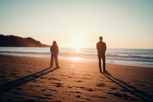 Silhouettes of People Standing on Beach at Sunset
