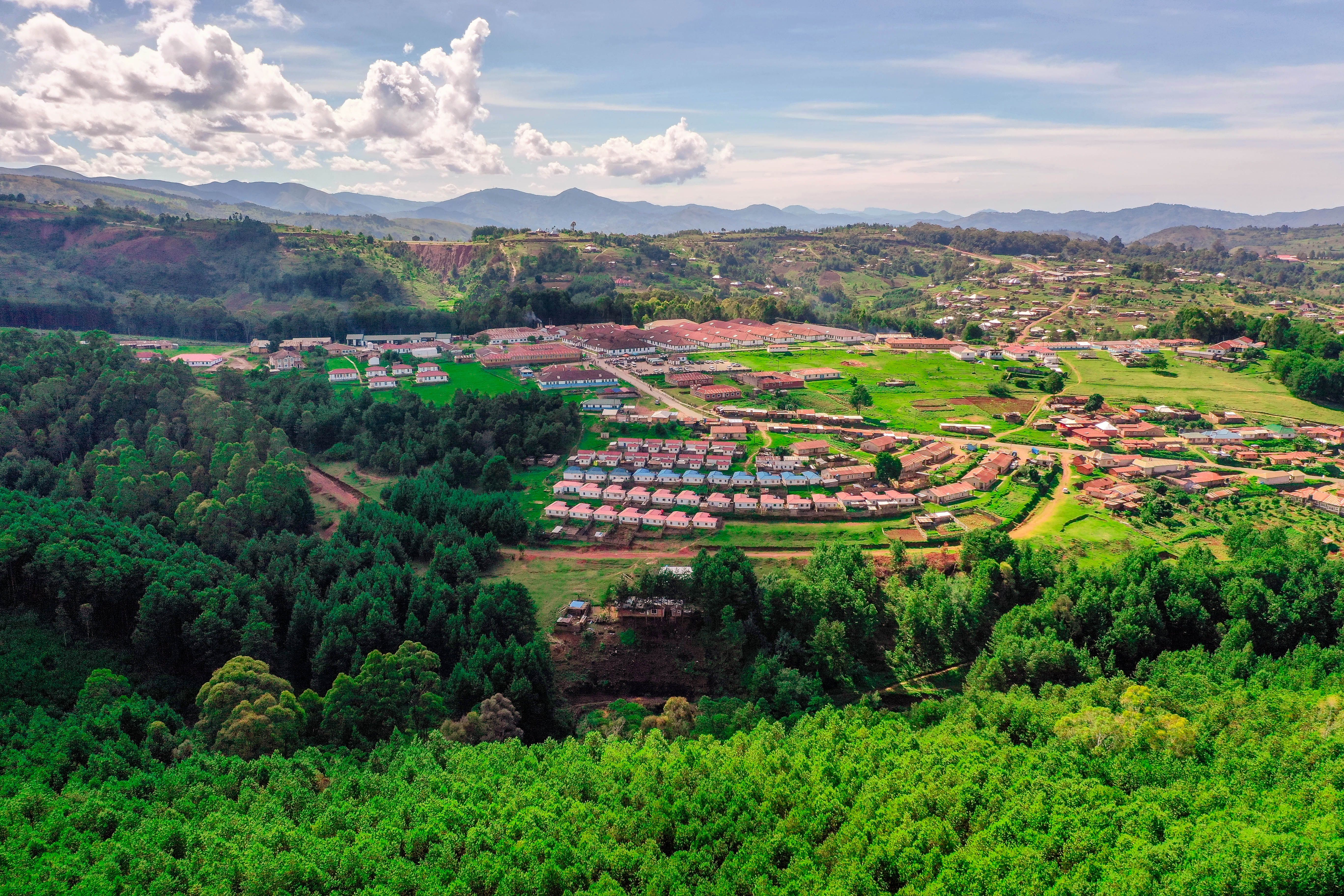 Stunning aerial view of Makete, Tanzania, with vibrant forests and mountainous landscape.